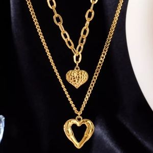 Double Layered Gold Tone Heart Pendant Necklace